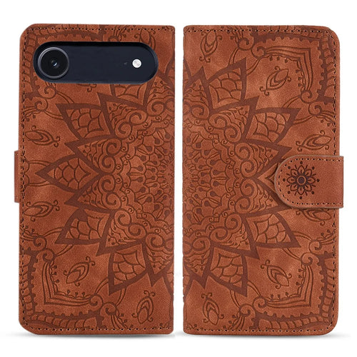 Case For iPhone Air Flower Imprinted PU Leather Wallet Flip Phone Cover with Wrist Strap - Brown - 1