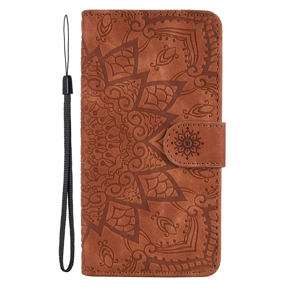 Case For iPhone Air Flower Imprinted PU Leather Wallet Flip Phone Cover with Wrist Strap - Brown - 5