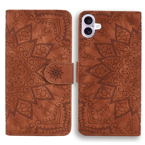 For iPhone 17 Case Flower Imprinted PU Leather Wallet Flip Phone Cover with Wrist Strap - Brown - 1
