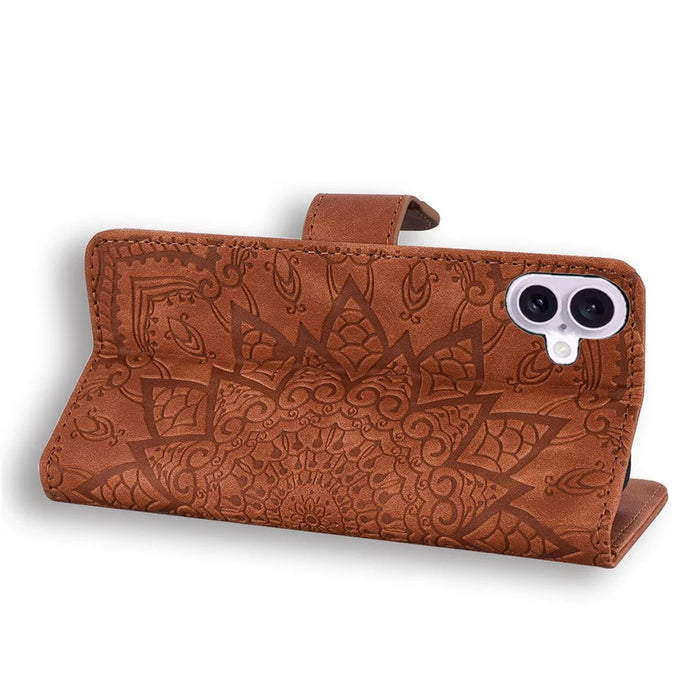 For iPhone 17 Case Flower Imprinted PU Leather Wallet Flip Phone Cover with Wrist Strap - Brown - 4
