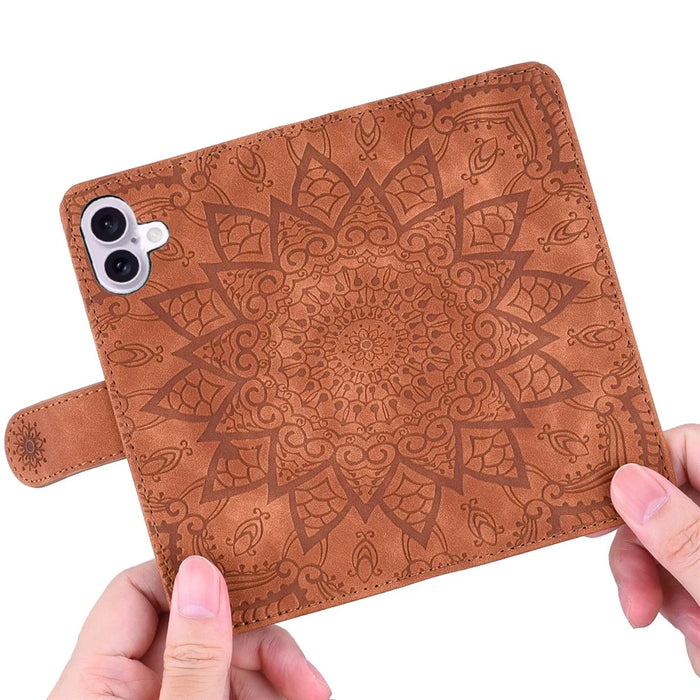 For iPhone 17 Case Flower Imprinted PU Leather Wallet Flip Phone Cover with Wrist Strap - Brown - 5