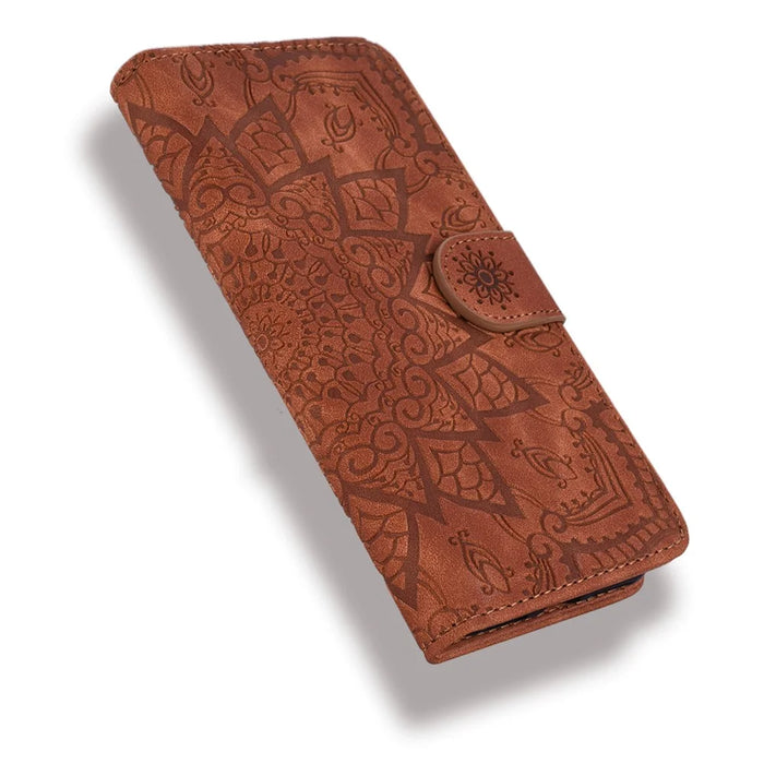 For iPhone 17 Case Flower Imprinted PU Leather Wallet Flip Phone Cover with Wrist Strap - Brown - 7