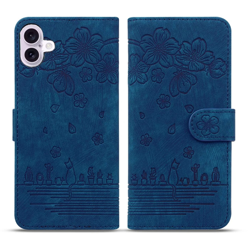 For iPhone 17 Case Cherry Blossom Cat Imprinted Leather Phone Cover with Wrist Strap - Blue - 1