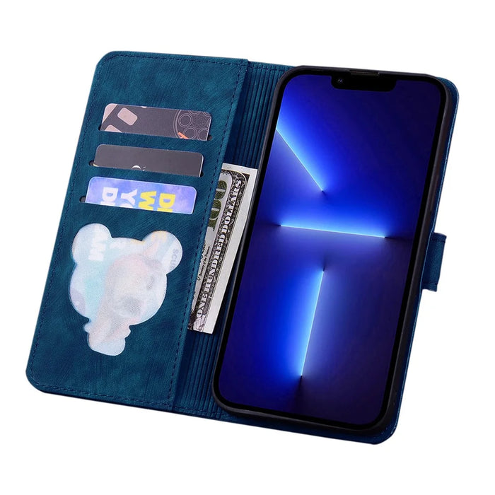 For iPhone 17 Case Cherry Blossom Cat Imprinted Leather Phone Cover with Wrist Strap - Blue - 2