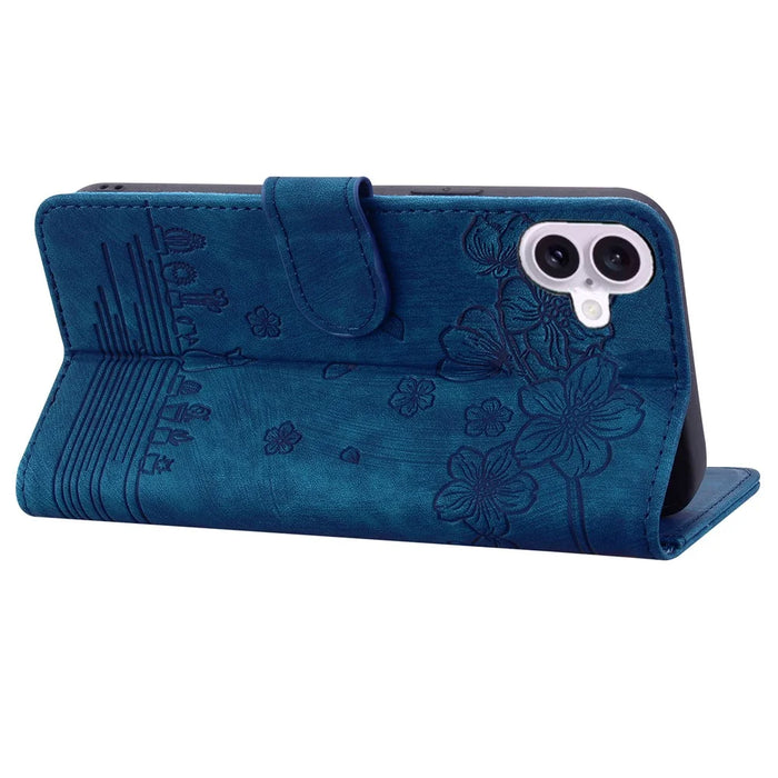 For iPhone 17 Case Cherry Blossom Cat Imprinted Leather Phone Cover with Wrist Strap - Blue - 3