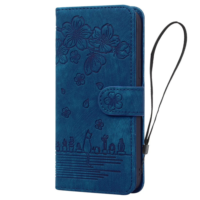 For iPhone 17 Case Cherry Blossom Cat Imprinted Leather Phone Cover with Wrist Strap - Blue - 5