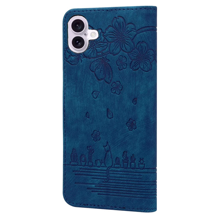 For iPhone 17 Case Cherry Blossom Cat Imprinted Leather Phone Cover with Wrist Strap - Blue - 6