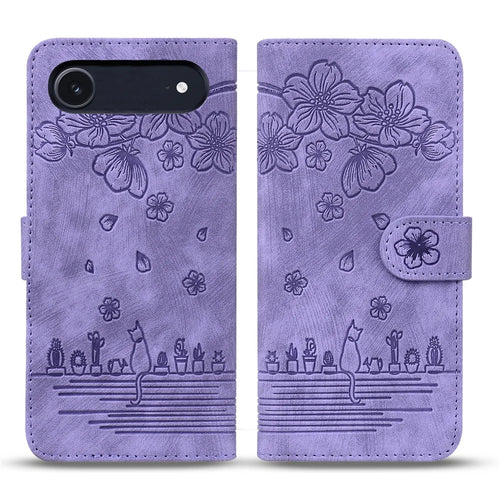 For iPhone Air Case Cherry Blossom Cat Imprinted Leather Phone Cover with Wrist Strap - Purple - 1