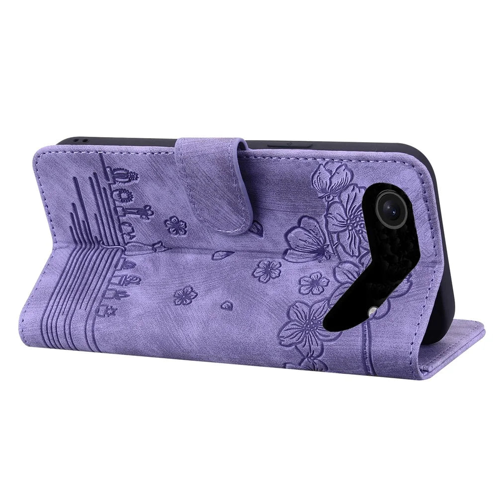 For iPhone Air Case Cherry Blossom Cat Imprinted Leather Phone Cover with Wrist Strap - Purple - 3