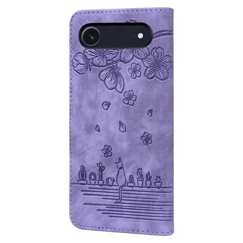 For iPhone Air Case Cherry Blossom Cat Imprinted Leather Phone Cover with Wrist Strap - Purple - 6