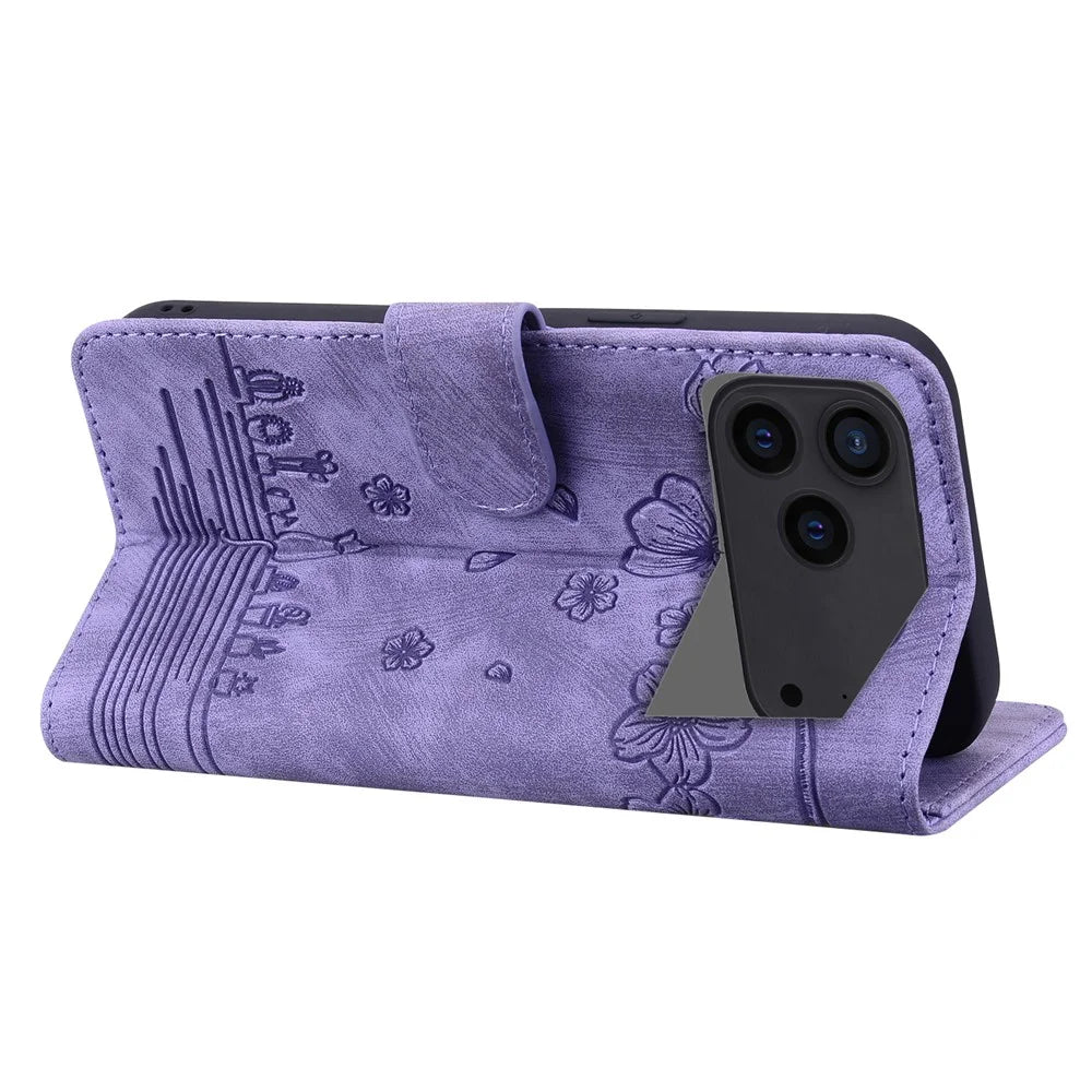 For iPhone 17 Pro Case Cherry Blossom Cat Imprinted Leather Phone Cover with Wrist Strap - Purple - 3