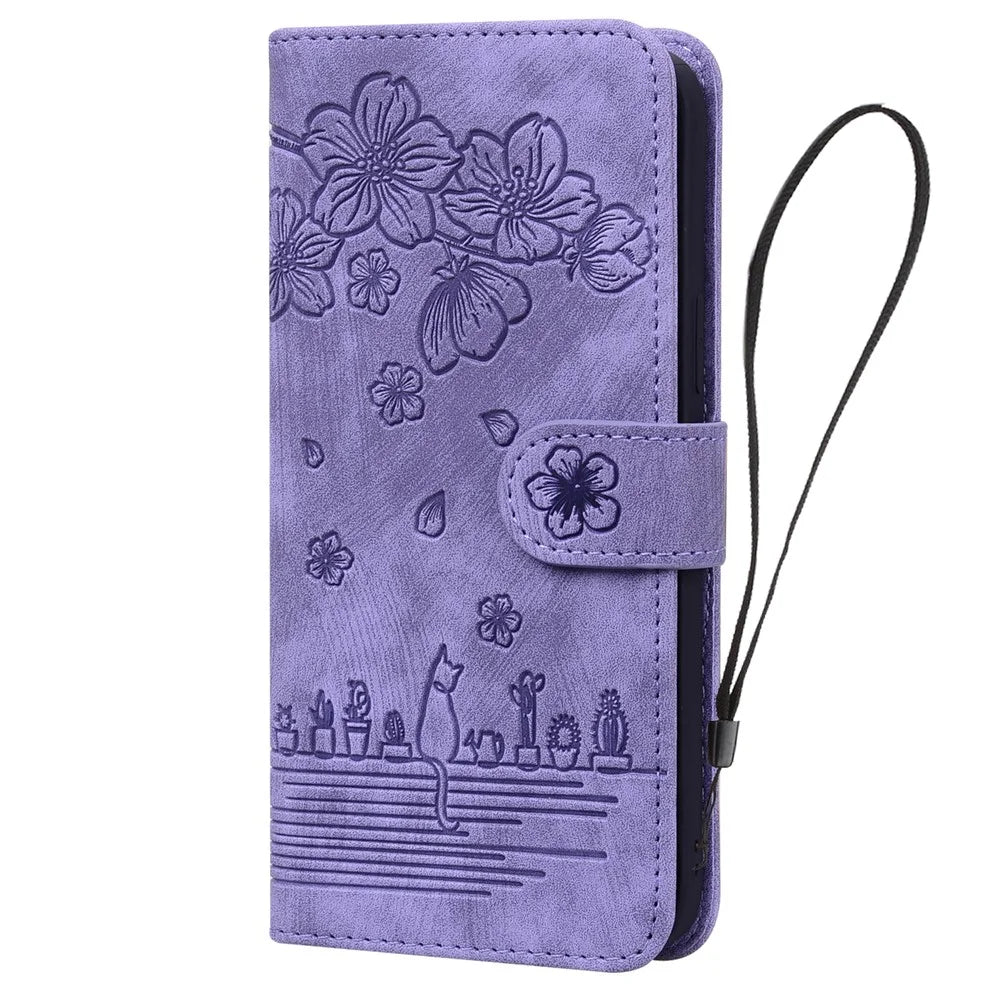 For iPhone 17 Pro Case Cherry Blossom Cat Imprinted Leather Phone Cover with Wrist Strap - Purple - 5