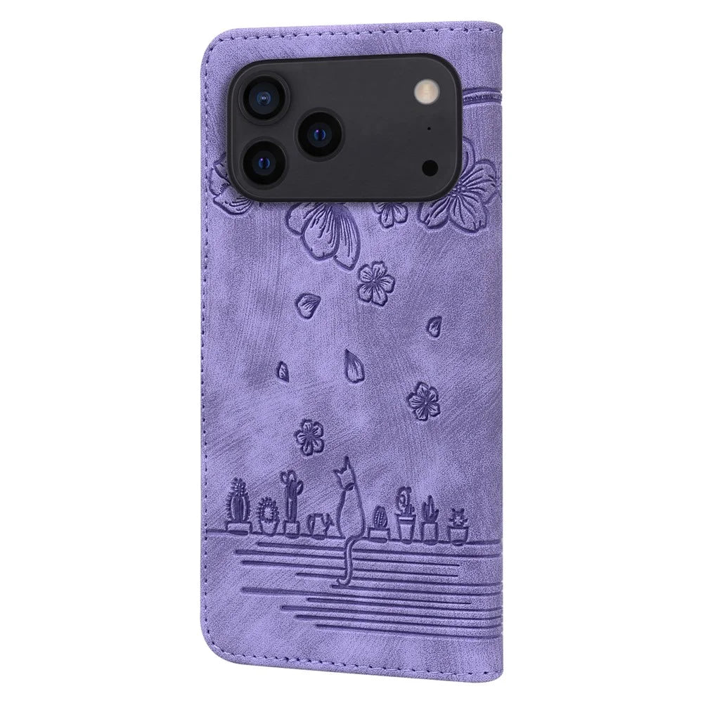 For iPhone 17 Pro Case Cherry Blossom Cat Imprinted Leather Phone Cover with Wrist Strap - Purple - 6