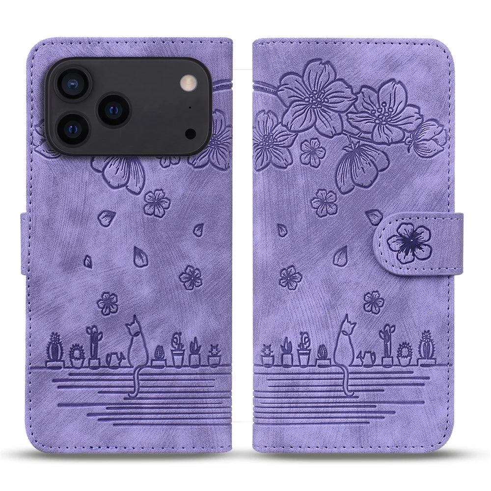 For iPhone 17 Pro Max Case Cherry Blossom Cat Imprinted Leather Phone Cover with Wrist Strap - Purple - 1