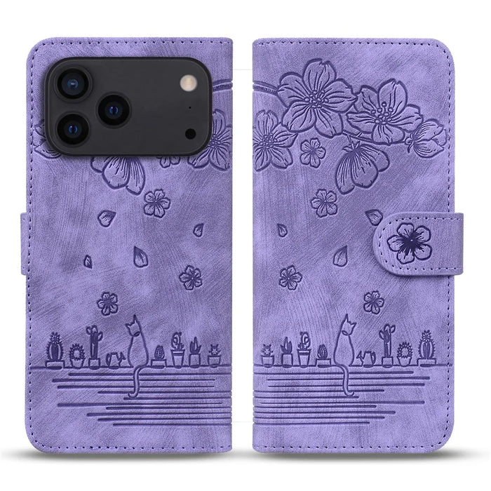 For iPhone 17 Pro Max Case Cherry Blossom Cat Imprinted Leather Phone Cover with Wrist Strap - Purple - 1
