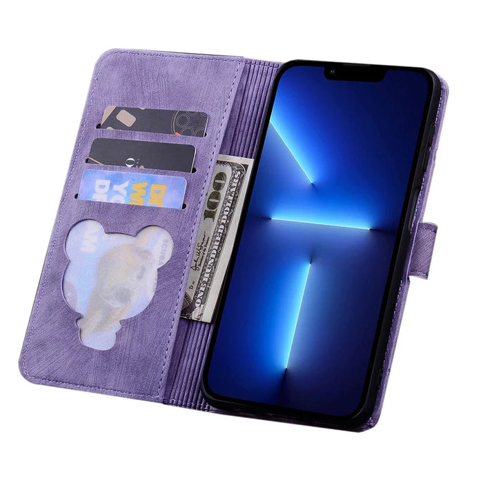 For iPhone 17 Pro Max Case Cherry Blossom Cat Imprinted Leather Phone Cover with Wrist Strap - Purple - 2