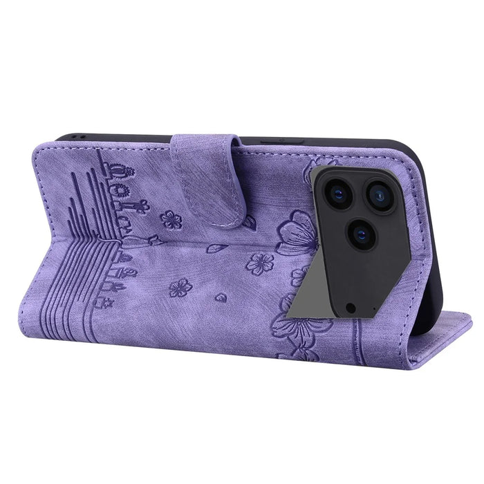 For iPhone 17 Pro Max Case Cherry Blossom Cat Imprinted Leather Phone Cover with Wrist Strap - Purple - 3