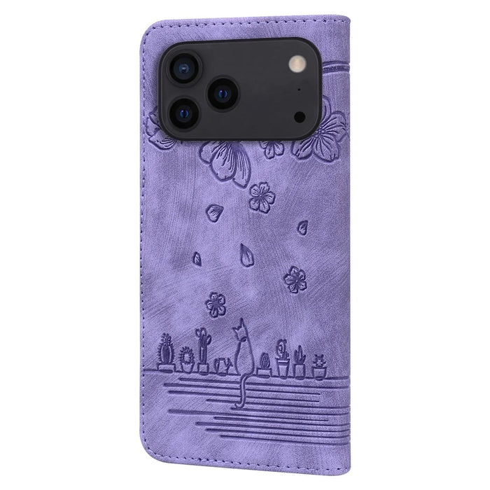 For iPhone 17 Pro Max Case Cherry Blossom Cat Imprinted Leather Phone Cover with Wrist Strap - Purple - 6