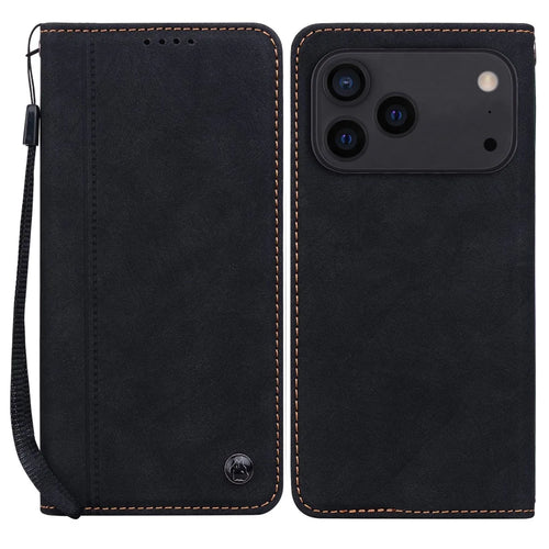 For iPhone 17 Pro Max Case Lines Pattern Wallet Leather Phone Cover with Strap - Black - 1