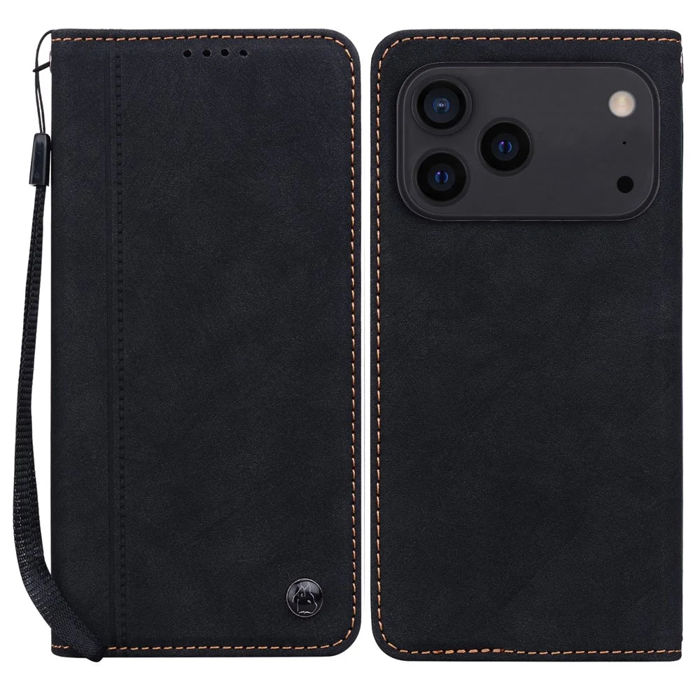 For iPhone 17 Pro Max Case Lines Pattern Wallet Leather Phone Cover with Strap - Black - 1