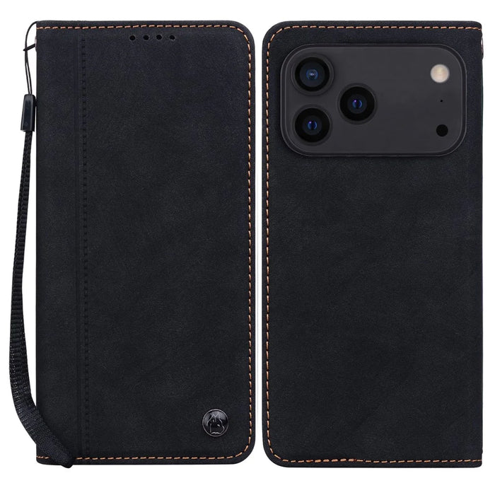 For iPhone 17 Pro Max Case Lines Pattern Wallet Leather Phone Cover with Strap - Black - 1