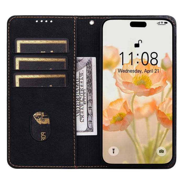 For iPhone 17 Pro Max Case Lines Pattern Wallet Leather Phone Cover with Strap - Black - 2
