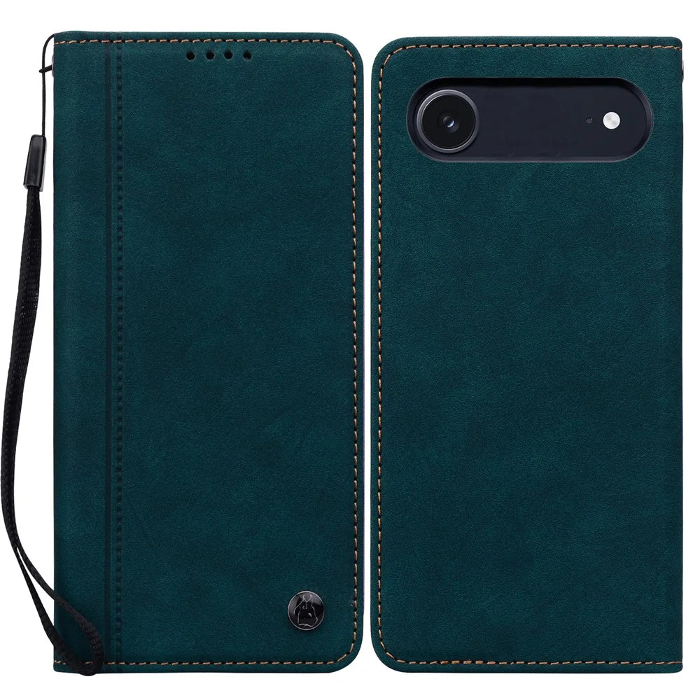 For iPhone Air Case Lines Pattern Wallet Leather Phone Cover with Strap - Green - 1