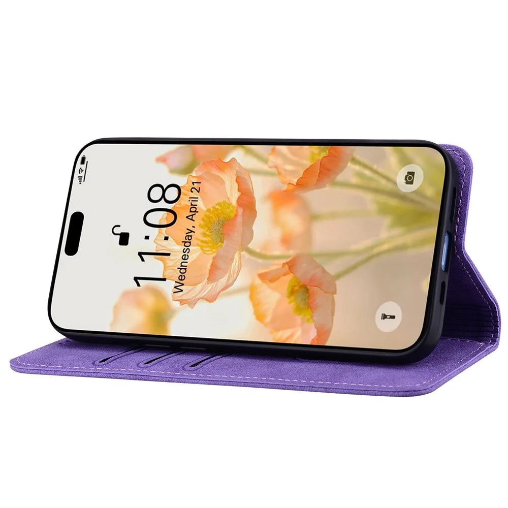 For iPhone 17 Case Lines Pattern Wallet Leather Phone Cover with Strap - Purple - 4