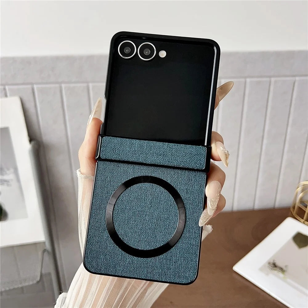 For Samsung Galaxy Z Flip7 5G Magnetic Case Cloth Texture PU Leather + PC Phone Back Cover - Blue - 1
