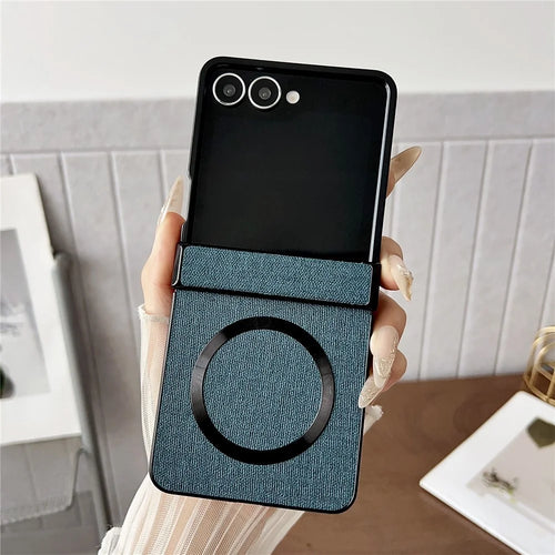 For Samsung Galaxy Z Flip7 5G Magnetic Case Cloth Texture PU Leather + PC Phone Back Cover - Blue - 1
