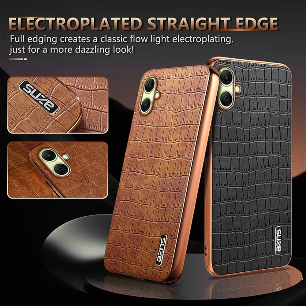 AZNS For Samsung Galaxy A08 5G / A08 4G / A07 5G / A07 4G Case Electroplating Crocodile Texture PU + TPU Phone Cover - Black - 3