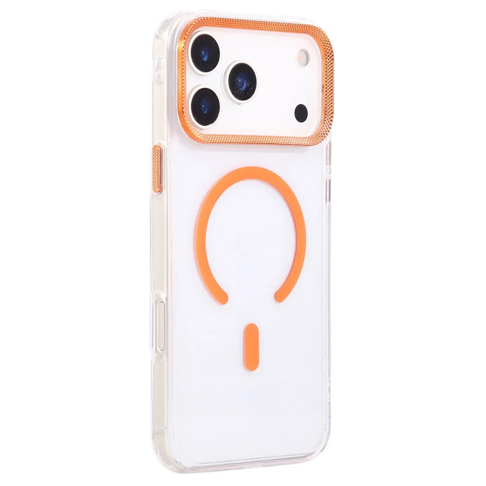 For iPhone 17 Pro Case Compatible with MagSafe PC + TPU Clear Phone Cover with Diamond Texture Lens Frame - Orange - Orange - 3