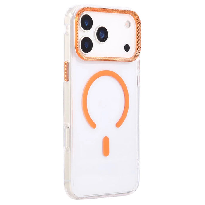 For iPhone 17 Pro Max Case Compatible with MagSafe PC + TPU Clear Phone Cover with Diamond Texture Lens Frame - Orange - 3