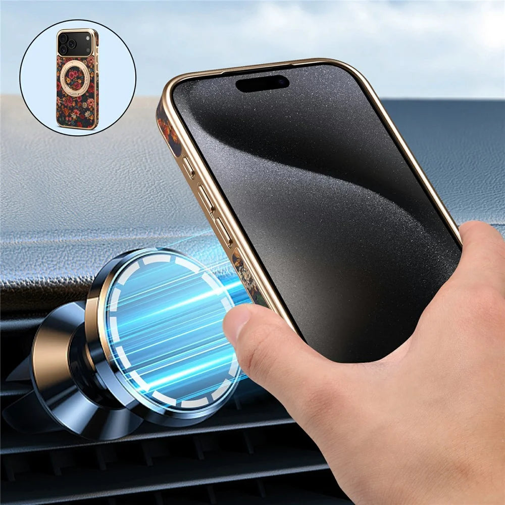 A22 For iPhone 17 Pro Case Compatible with MagSafe Kickstand Electroplated Floral Phone Cover - Purple - 6