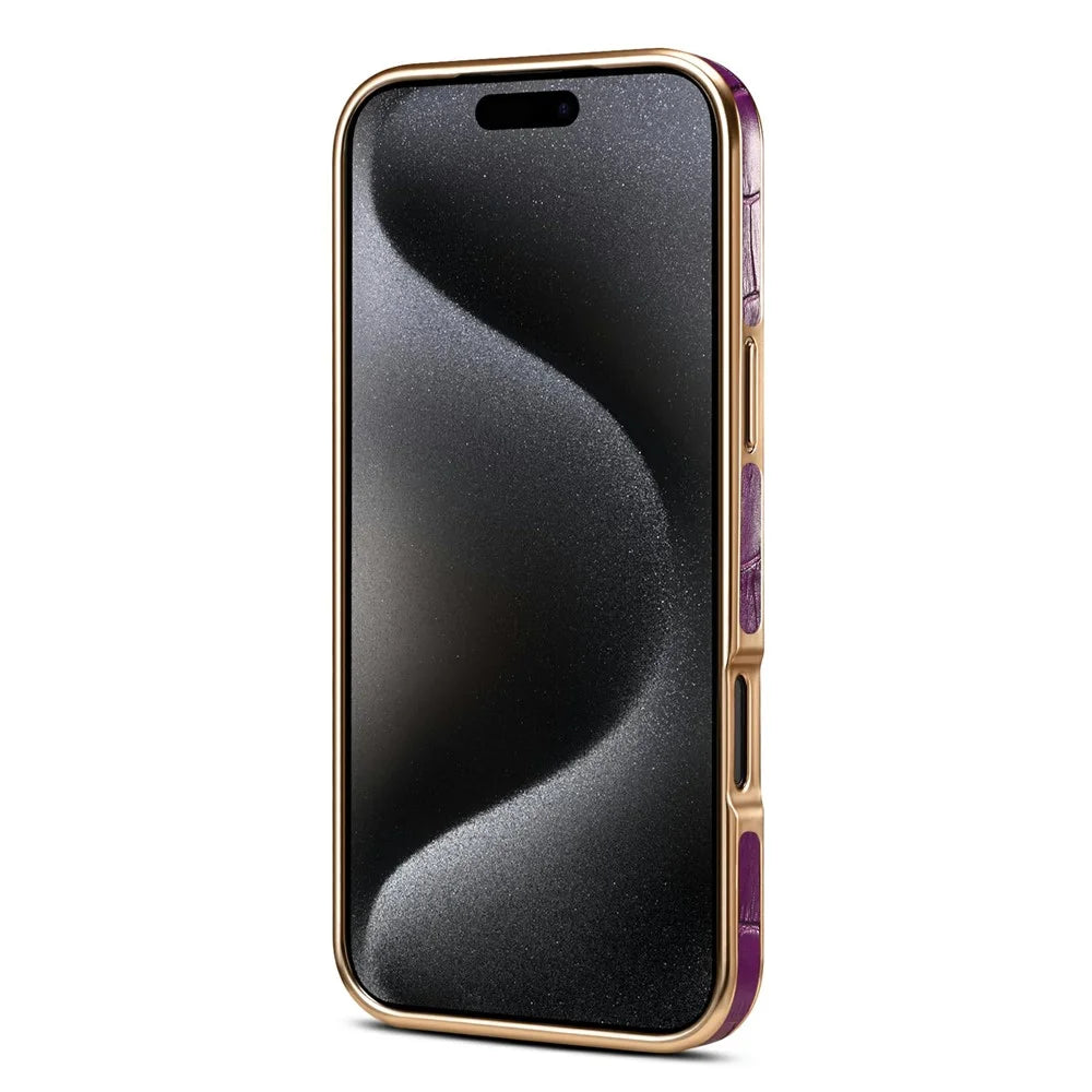 DENIOR For iPhone 17 Pro Case Genuine Cow Leather Crocodile Texture Electroplating Phone Cover - Black - 3