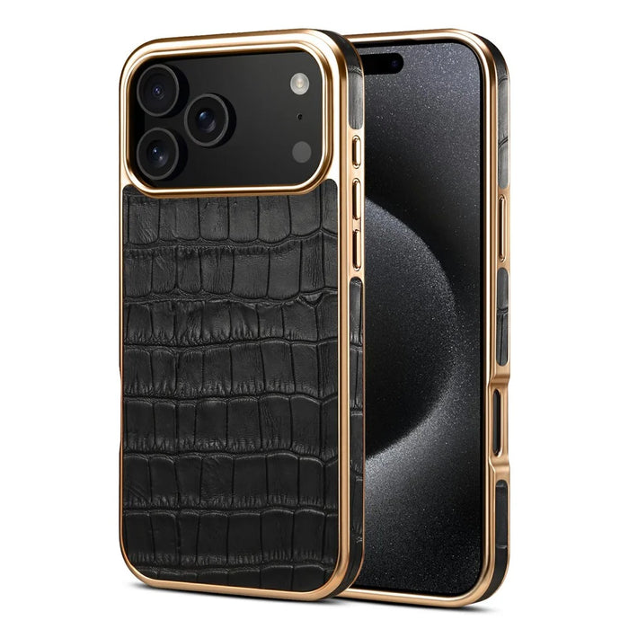 DENIOR For iPhone 17 Pro Max Case Genuine Cow Leather Crocodile Texture Electroplating Phone Cover - Black - 1
