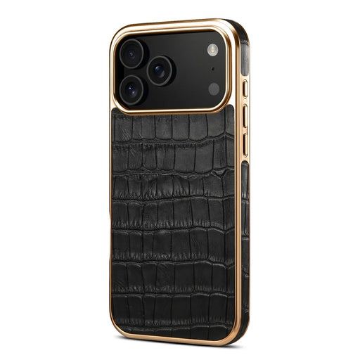 DENIOR For iPhone 17 Pro Max Case Genuine Cow Leather Crocodile Texture Electroplating Phone Cover - Black - 2