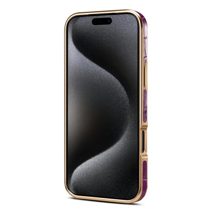 DENIOR For iPhone 17 Pro Max Case Genuine Cow Leather Crocodile Texture Electroplating Phone Cover - Black - 3