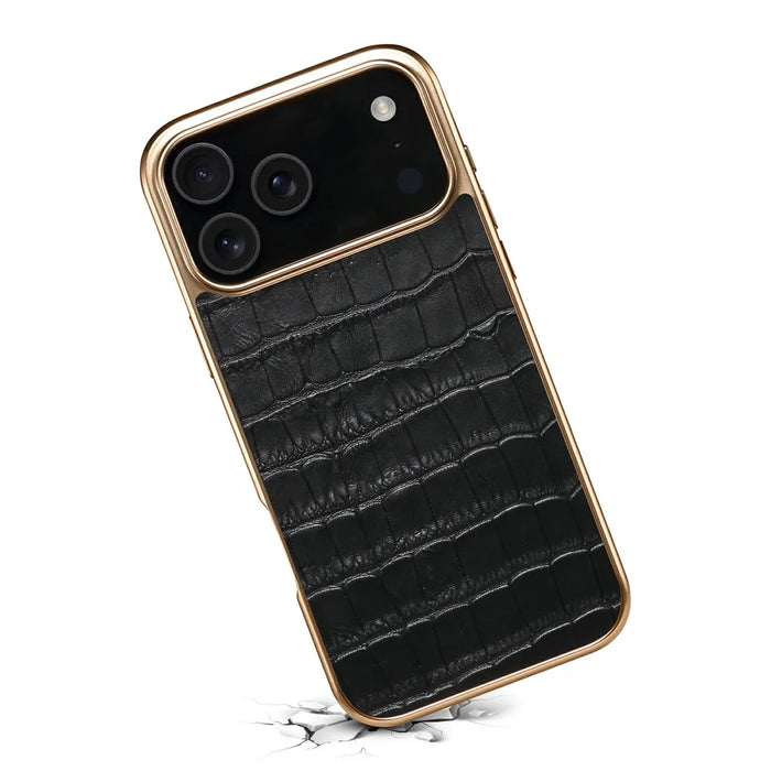 DENIOR For iPhone 17 Pro Max Case Genuine Cow Leather Crocodile Texture Electroplating Phone Cover - Black - 4