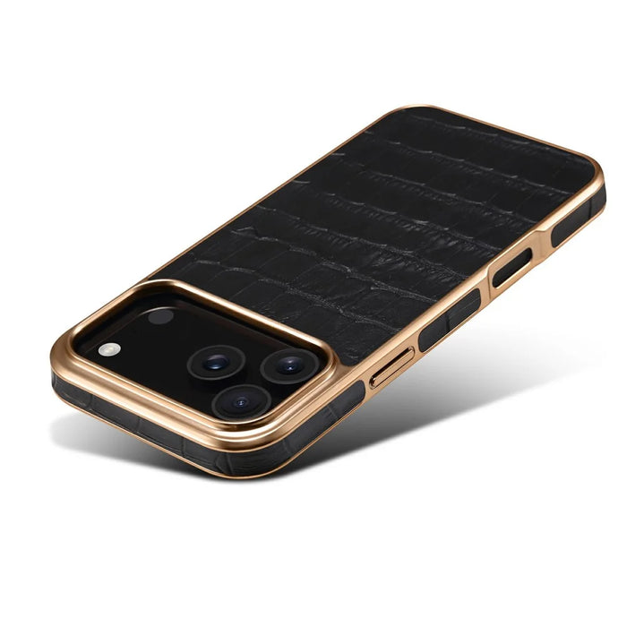 DENIOR For iPhone 17 Pro Max Case Genuine Cow Leather Crocodile Texture Electroplating Phone Cover - Black - 5