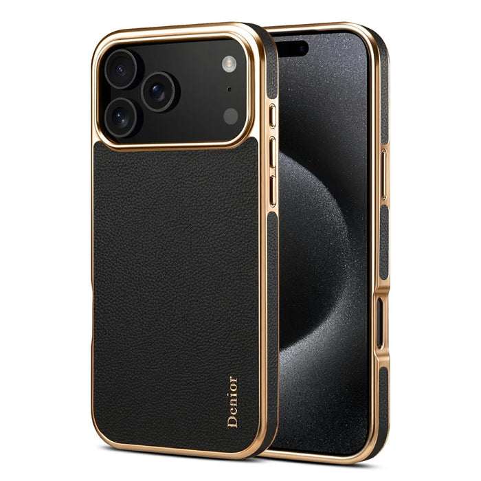 DENIOR For iPhone 17 Pro Case Genuine Cow Leather Coated PC + TPU Electroplating Phone Cover - Black - 1