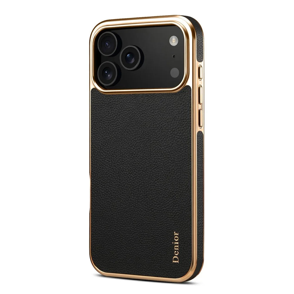 DENIOR For iPhone 17 Pro Case Genuine Cow Leather Coated PC + TPU Electroplating Phone Cover - Black - 2