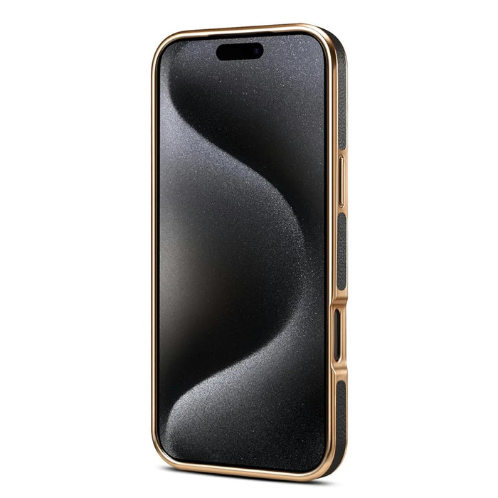 DENIOR For iPhone 17 Pro Case Genuine Cow Leather Coated PC + TPU Electroplating Phone Cover - Black - 3