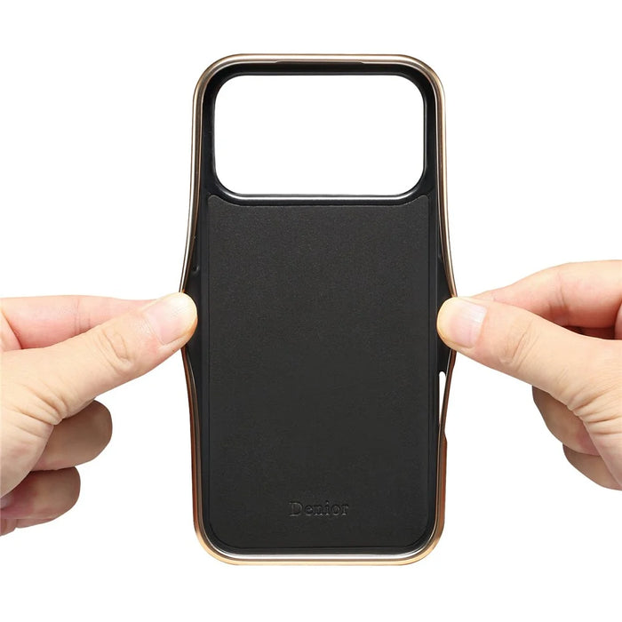 DENIOR For iPhone 17 Pro Case Genuine Cow Leather Coated PC + TPU Electroplating Phone Cover - Black - 6