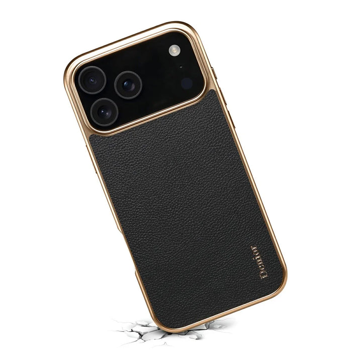 DENIOR For iPhone 17 Pro Max Case Genuine Cow Leather Coated PC + TPU Electroplating Phone Cover - Black - 4