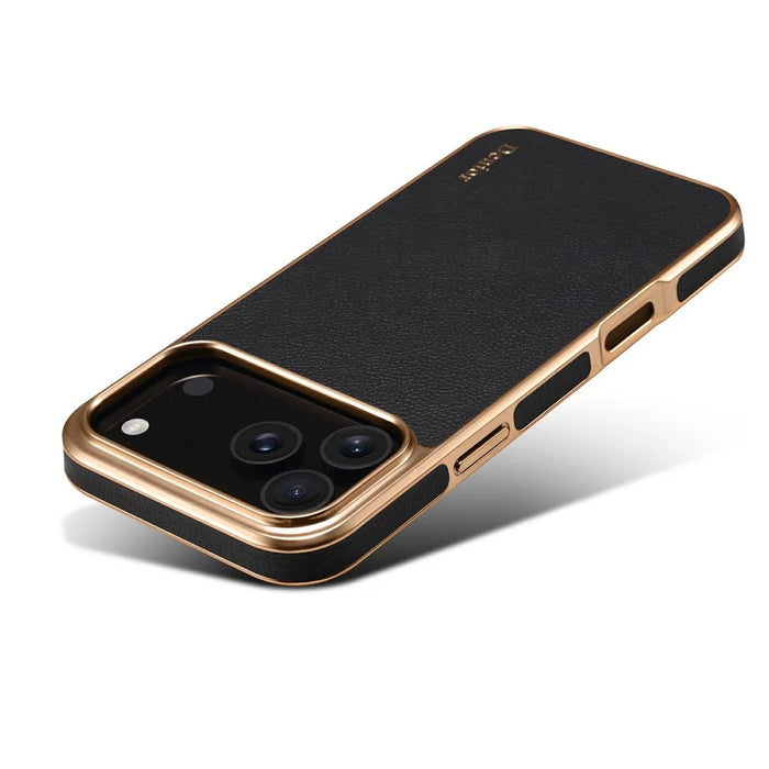 DENIOR For iPhone 17 Pro Max Case Genuine Cow Leather Coated PC + TPU Electroplating Phone Cover - Black - 5