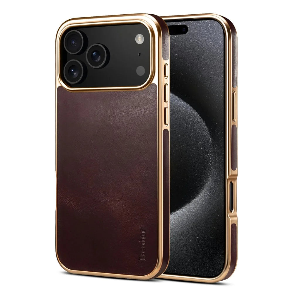 DENIOR A01 For iPhone 17 Pro Case Waxy Texture Genuine Cow Leather Electroplating Back Cover - Red - 1