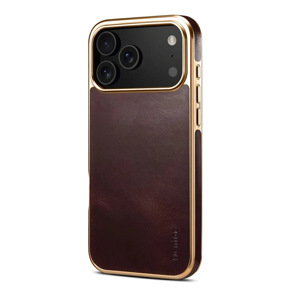 DENIOR A01 For iPhone 17 Pro Case Waxy Texture Genuine Cow Leather Electroplating Back Cover - Red - 2
