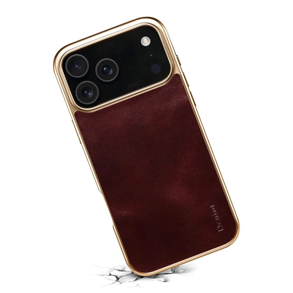 DENIOR A01 For iPhone 17 Pro Case Waxy Texture Genuine Cow Leather Electroplating Back Cover - Red - 4