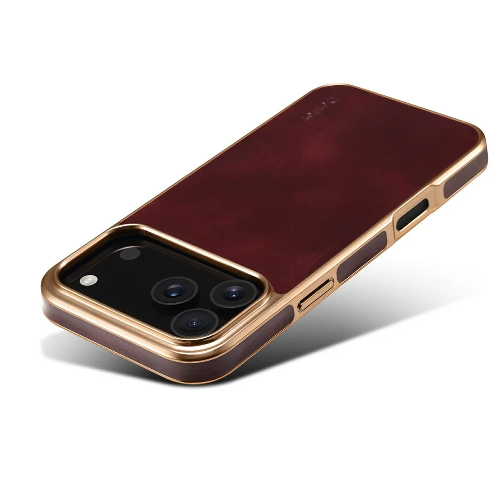 DENIOR A01 For iPhone 17 Pro Case Waxy Texture Genuine Cow Leather Electroplating Back Cover - Red - 5